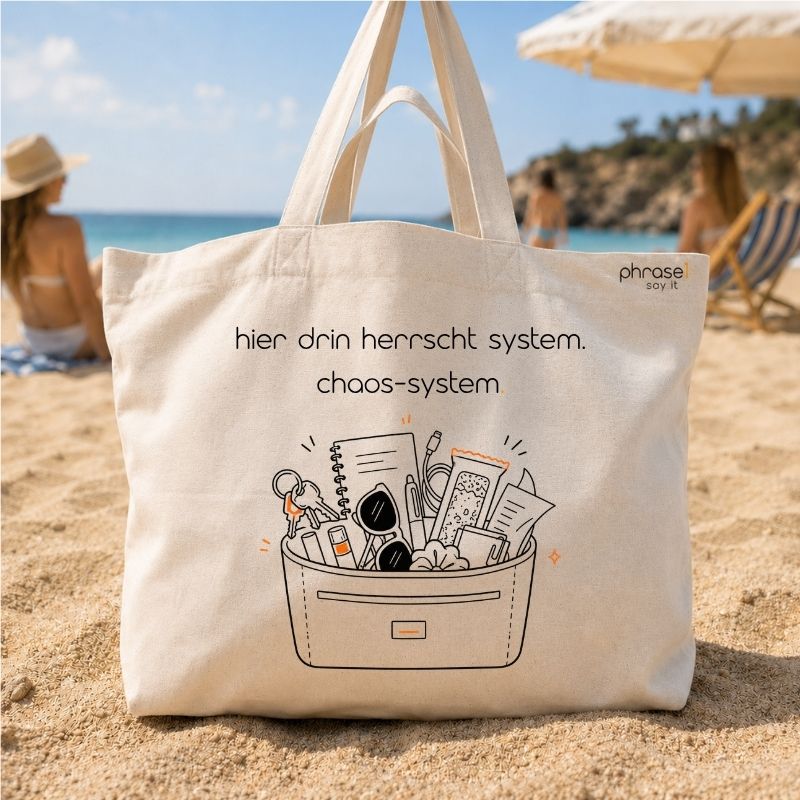 Premium Shopper mit Spruch „hier drin herrscht system. chaos-system.“ und Visual.